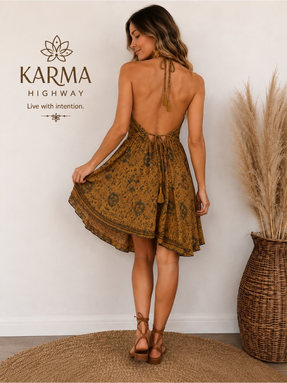 Karma Highway Boho Halter Mini Dress One Size Brown Floral Tassel Tie India B9 - Picture 2 of 9